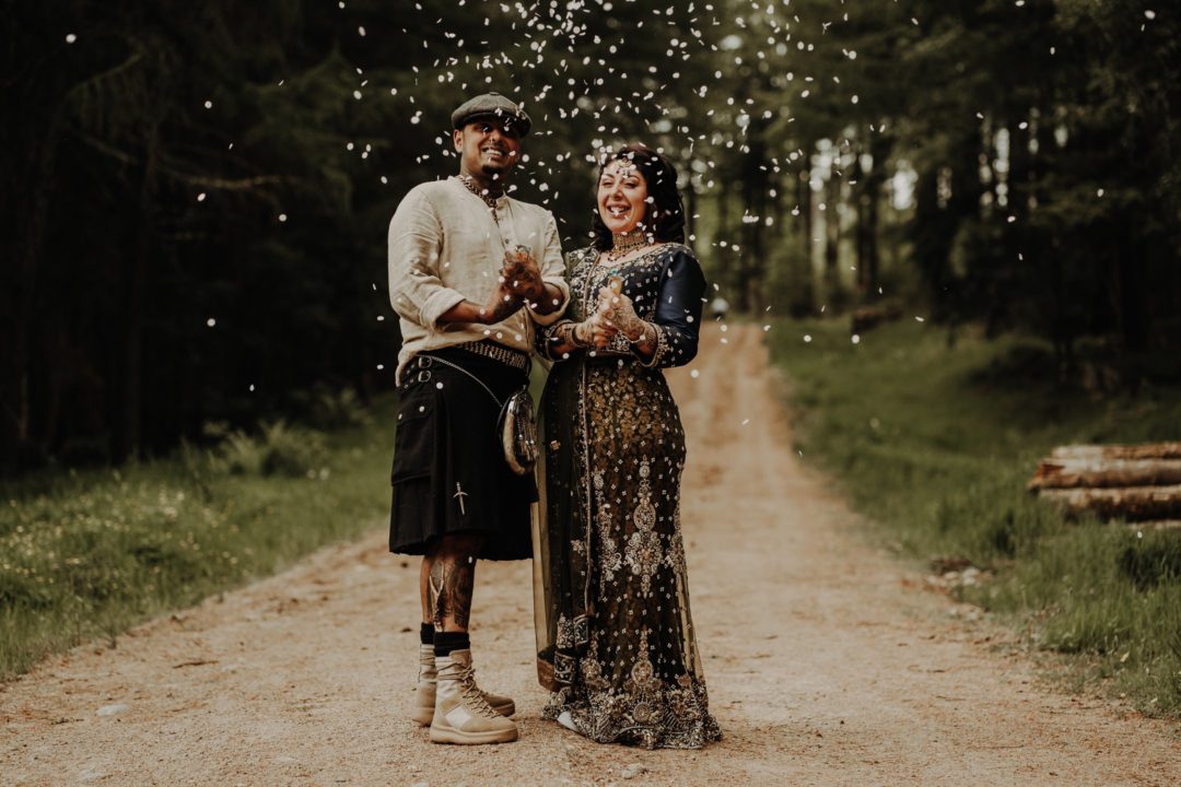 Woodend of Glassel lodges banchory aberdeenshire micro wedding planning ideas ceremony boho tribal rustic asian indian bridal bride wedding outfit confetti