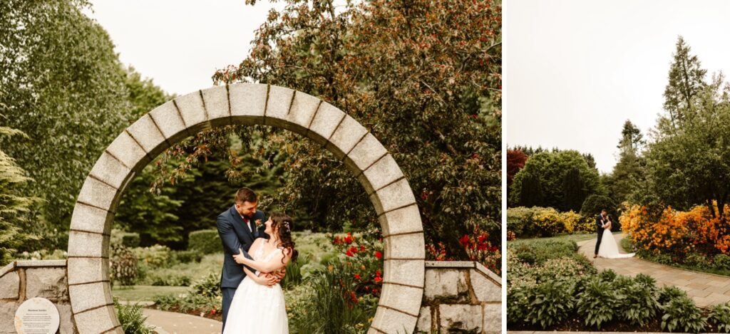 bride and groom posing in garden at hazlehead park wedding
