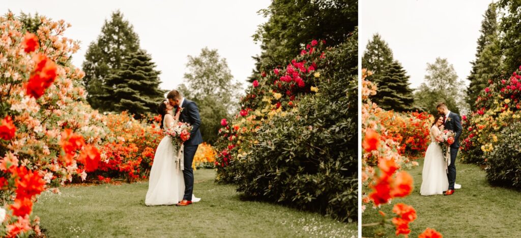 bride and groom kiss during wedding at hazlehead park